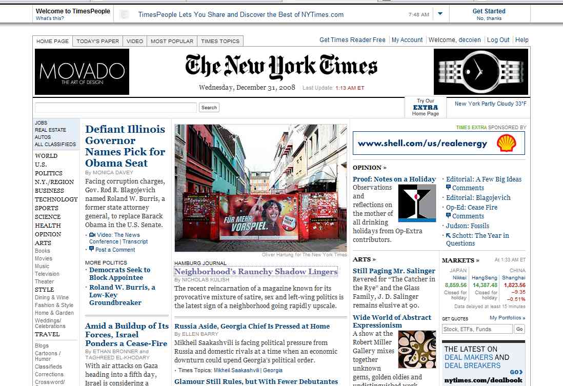Titel der Homepage der New York Times am 31.12.08
